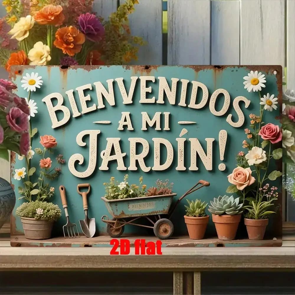 Insegna Decorativa in Metallo 2D "Benvenuti nel Mio Giardino" di DiscoverMetalArt, Placca Decorativa in Stile Spagnolo, Targa in Ferro per Interni ed Esterni