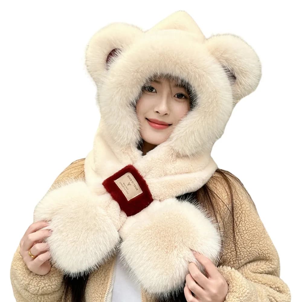 Set da due pezzi Sciarpa per cappello con orecchio di volpe Protezione dal freddo Scaldacollo ispessito Design integrato Sciarpa per cappello da orso in stile coreano invernale