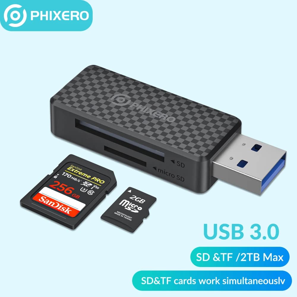 Lettore di Schede PHIXERO USB 3.0 per Schede SD, Micro SD, TF, Adattatore per PC e Laptop, Lettore Multi-Scheda Intelligente