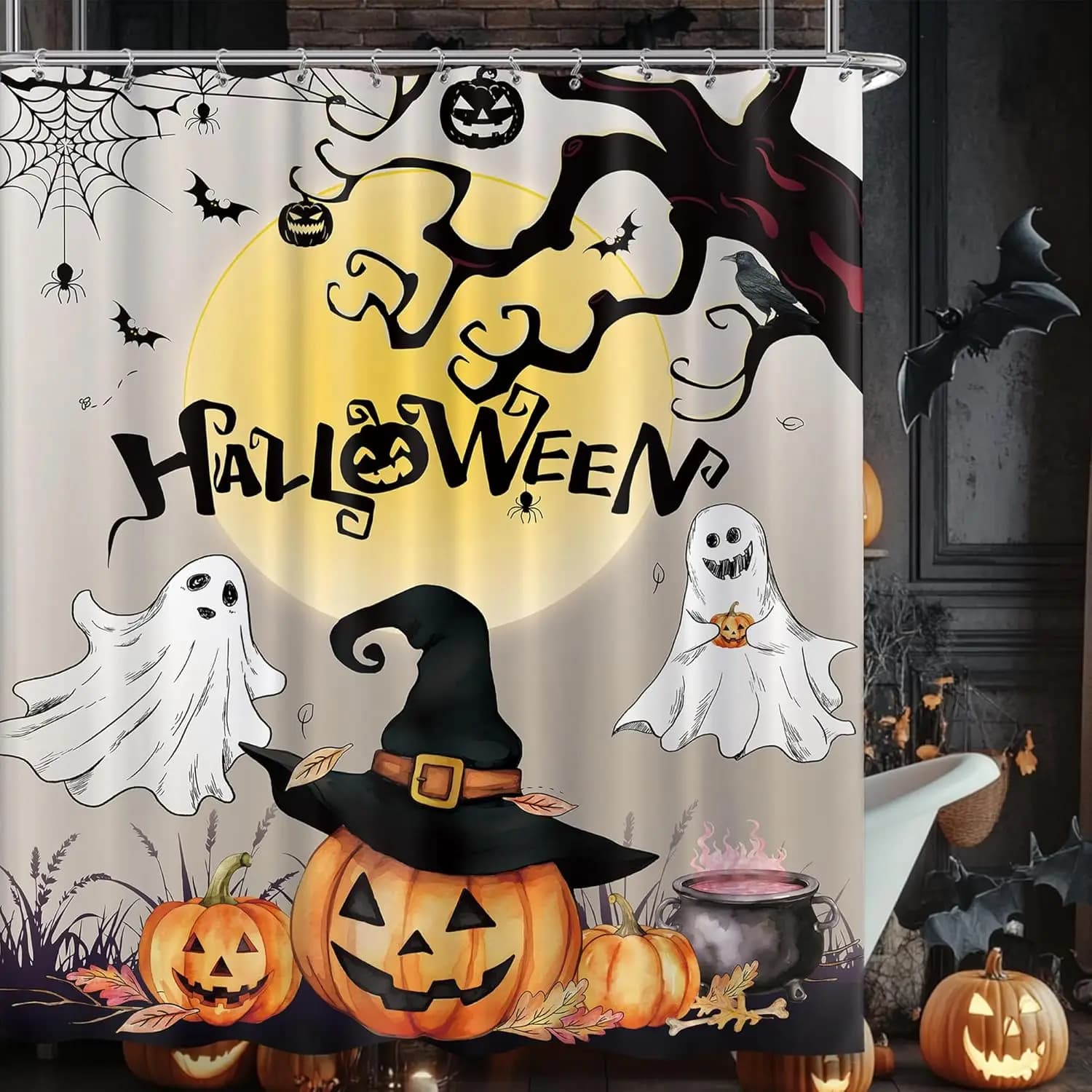 Simpatica tenda da doccia spettrale fantasma di Halloween per bagno, zucca, divertente decorazione per vasca da bagno