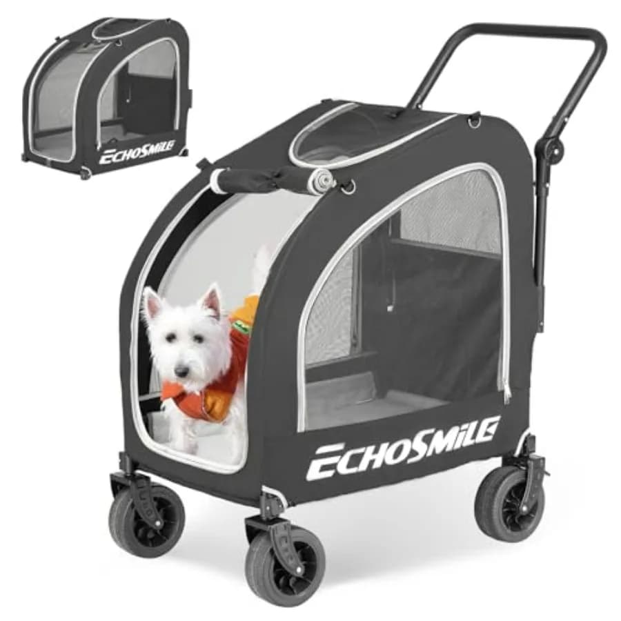 EchoSmile Passeggino per Animali Domestici a 4 Ruote, Carrozzina per Cani e Gatti per Tutte le Stagioni, Trasportino Leggero con Cestino Portaoggetti, Maniglia Regolabile