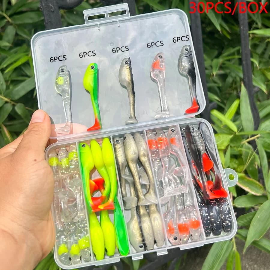 30 PZ/SCATOLA Drop Shot Easy Shiner Fishing baits Set Swimbait Wobblers For PikeTail Jig Head Kit Artificial Esche Vermi Soft Carpa