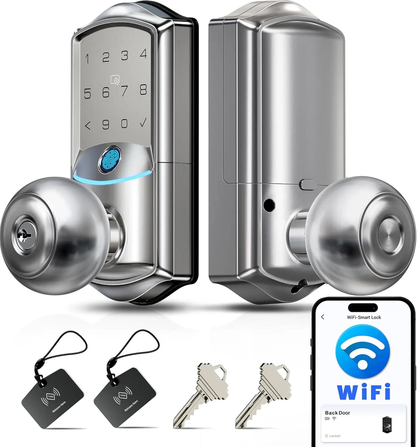 Serratura Intelligente con Manopola, Impronta Digitale, Controllo Remoto via App e Vocale, Wi-Fi Integrato, Impermeabile IP65, Accesso Senza Chiave per Porta d'Ingresso