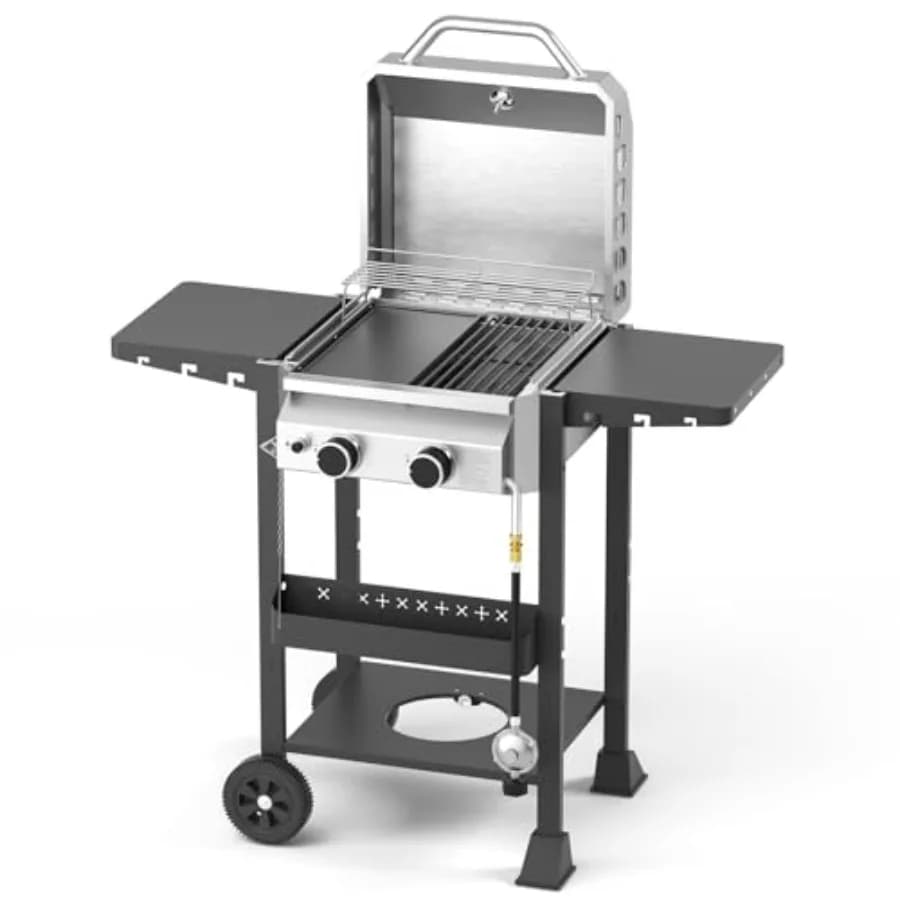 Barbecue a Gas Propano a 2 Bruciatori con Griglia e Piastra in Ghisa, 16000 BTU, in Acciaio Inossidabile per Esterni, Patio e Giardino