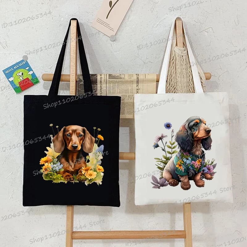 Women's canvas tote bag with watercolor bass graphics Shopping bag with print of fashionable dogs and wild flowers Casual bag for cartoons