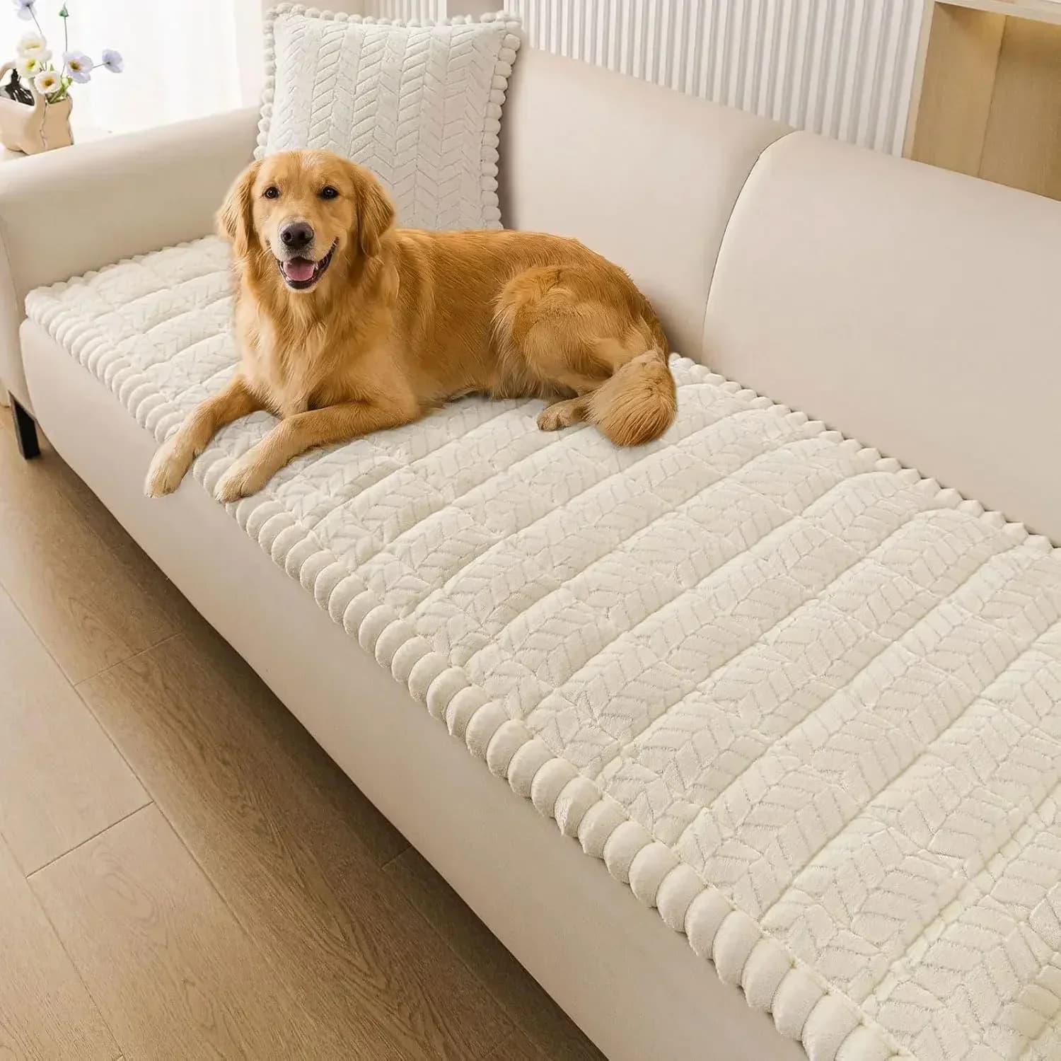 Copridivano Antiscivolo per Cani, Protezione Morbida per Divano a 3 Cuscini, Copertura Lavabile per Mobili (Beige, 70x210 cm)