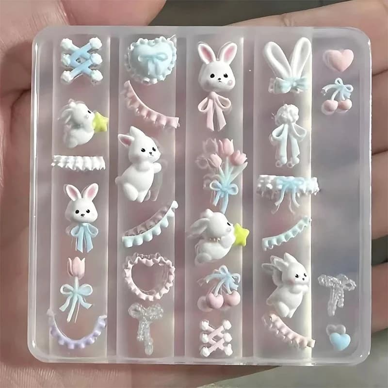Stampo in Silicone 3D a Forma di Coniglietto con Fiocco in Pizzo per Decorazione Unghie, Design Fai-da-Te, Modello per Nail Art