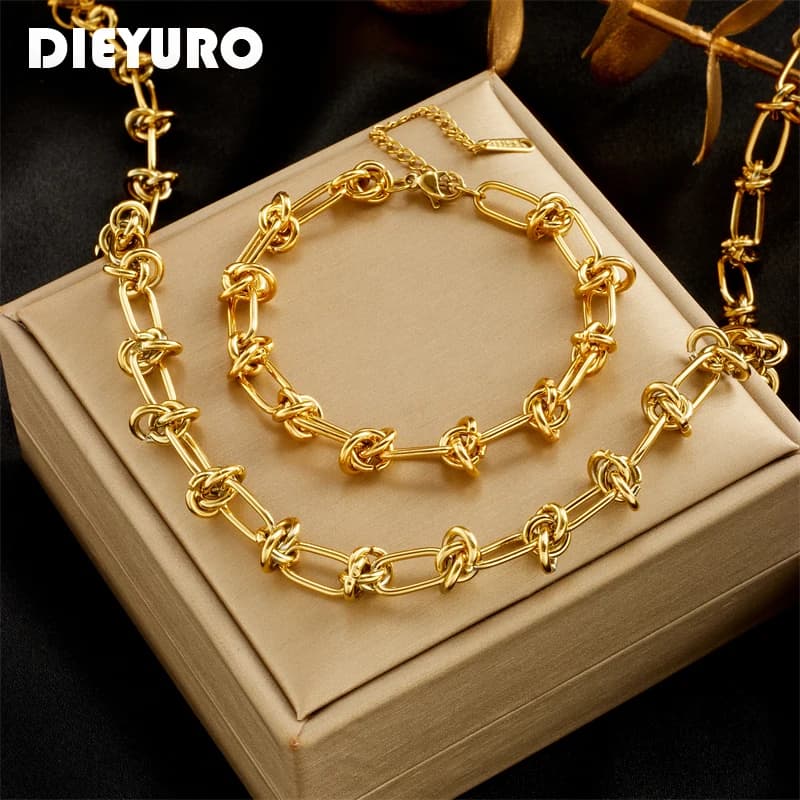 DIEYURO 316L Stainless Steel Gold Silver Color Twist Knot Necklace Bracelets For Women Girl New Way Non-Slip Jewelry Set