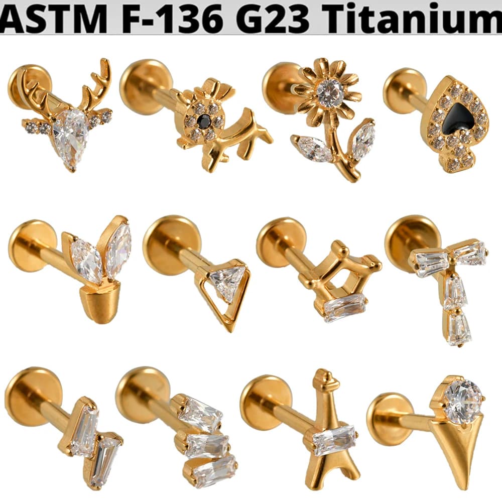 1PC Cz Fiore G23 Puro Titanio Lip Studs 16G Filettatura Interna Cervo Orecchio Helix Trago Cartilagine Orecchini Gioielli Penetranti Del Corpo