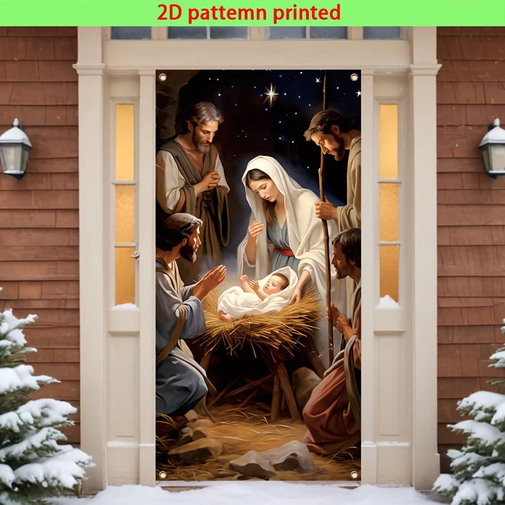 2D flat banner, Christmas party door curtain banner, window cover, starry manger, Jesus Nativity pattern design, polyester fiber