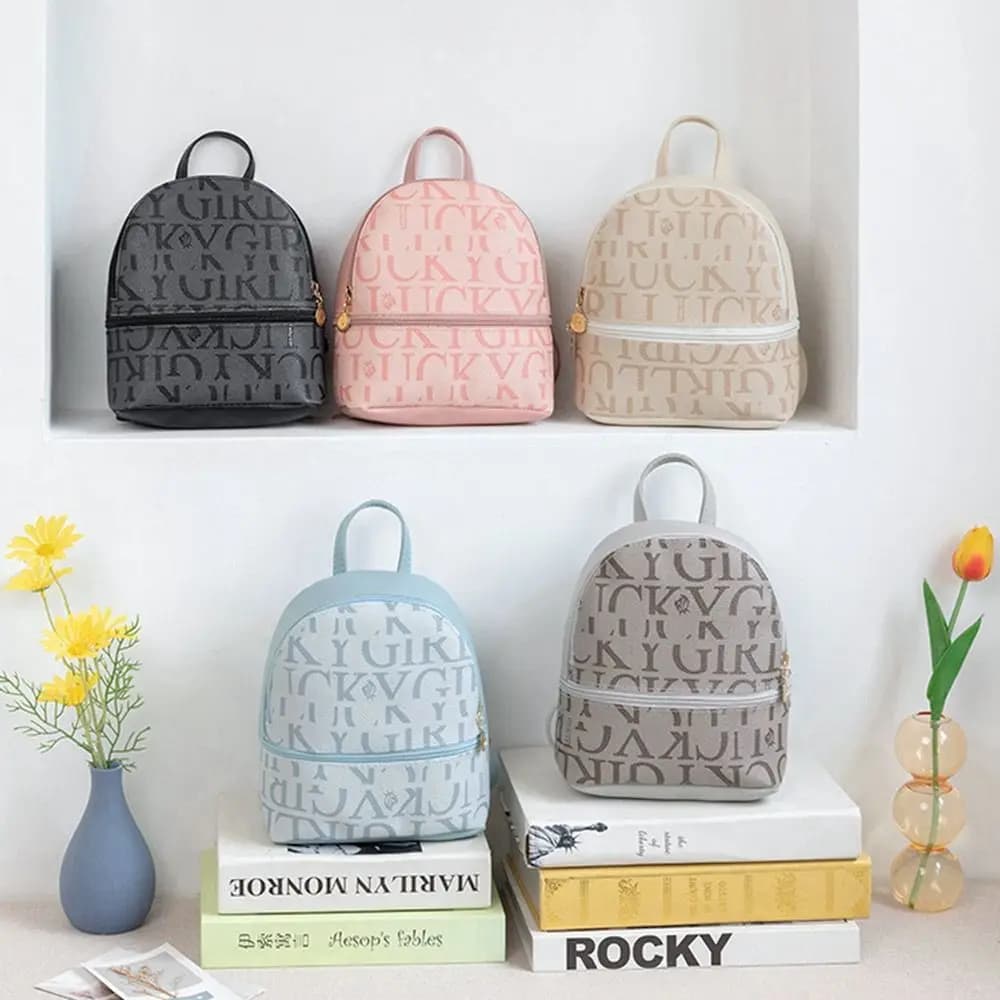 Zaino piccolo casual in pelle PU con lettera stampata, zaino multiuso, borsa a tracolla da donna