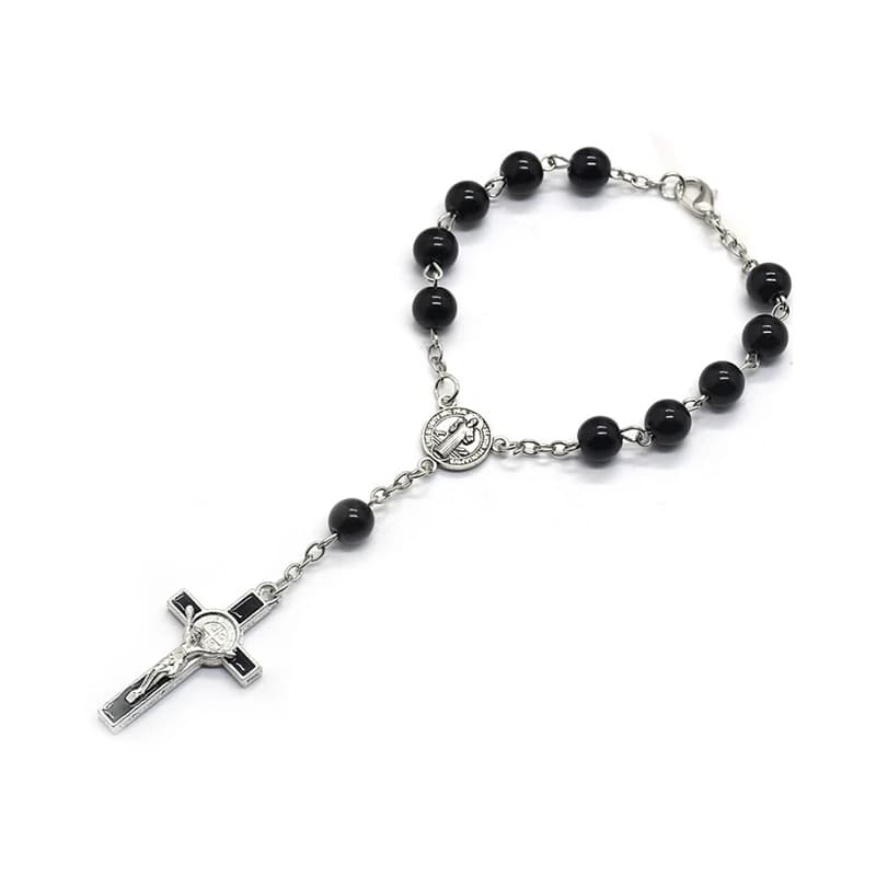 Black Glass Pearl Car Rosary Cross Pendant Bracelets Religious Jewelry