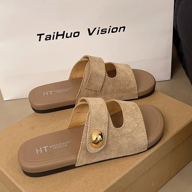 Women Slippers 2026 New French Style Slip On Mule Sandals For Women Fashion Outdoor Wear Casual Open Back Flat Slippers
