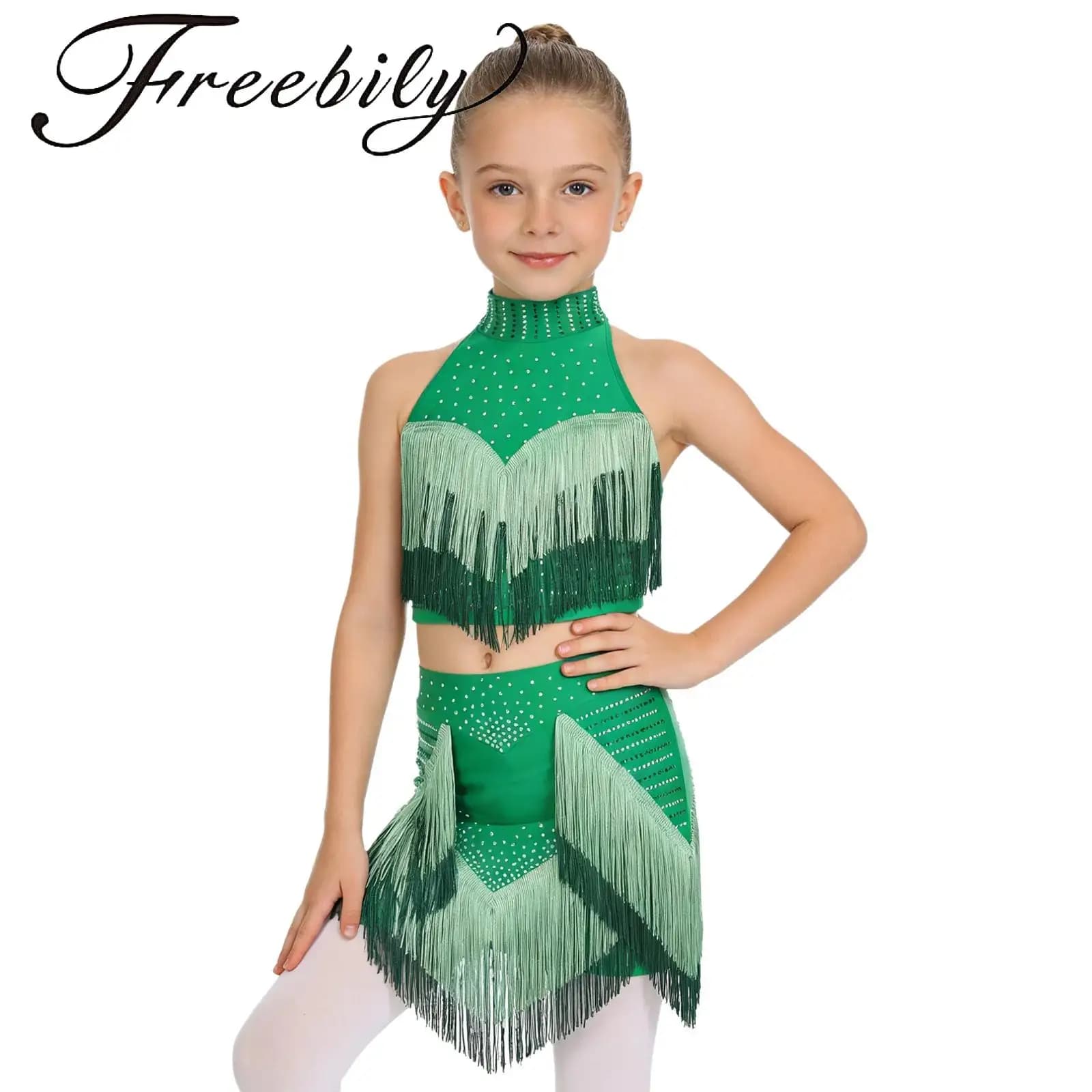 Completo da ballo per bambine con nappe, top corto senza maniche con scollo all'americana e schiena scoperta, con pantaloncini integrati e gonna, per esibizioni e competizioni di danza latina
