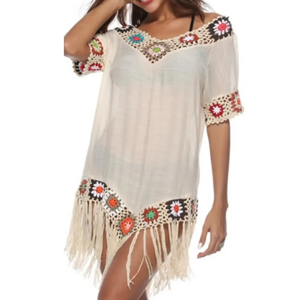 Copricostume da donna allentato scava fuori patchwork all'uncinetto costume da bagno estivo da sole tunica copricostume da spiaggia