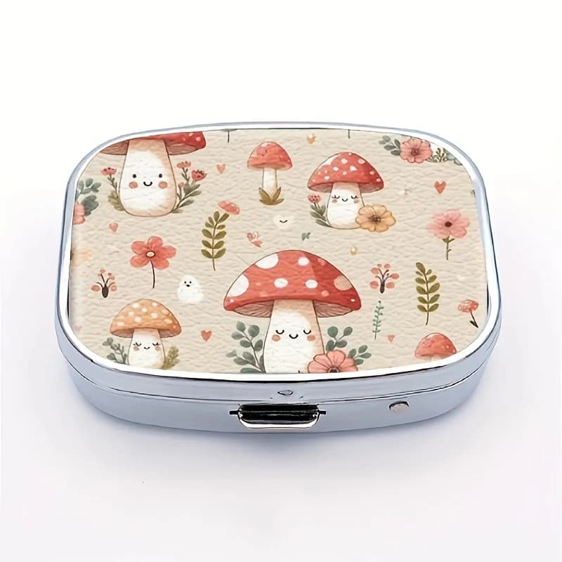1 Mushroom-Patterned Metal Pill Box, Double-Layer Portable Travel Medicine Organizer, Cute Design, Wallet-Sized, Can Hold Vitamins, Medicines, Fish Oil Supplements, Etc., Can Be Placed in a Wallet.
