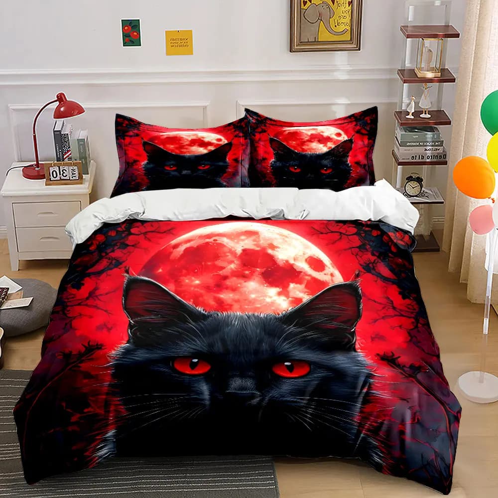 Black Cat Moon Decor Set Bedding Set with 1 Duvet Cover 2 Pillowcases Single Double King Queen, Gift