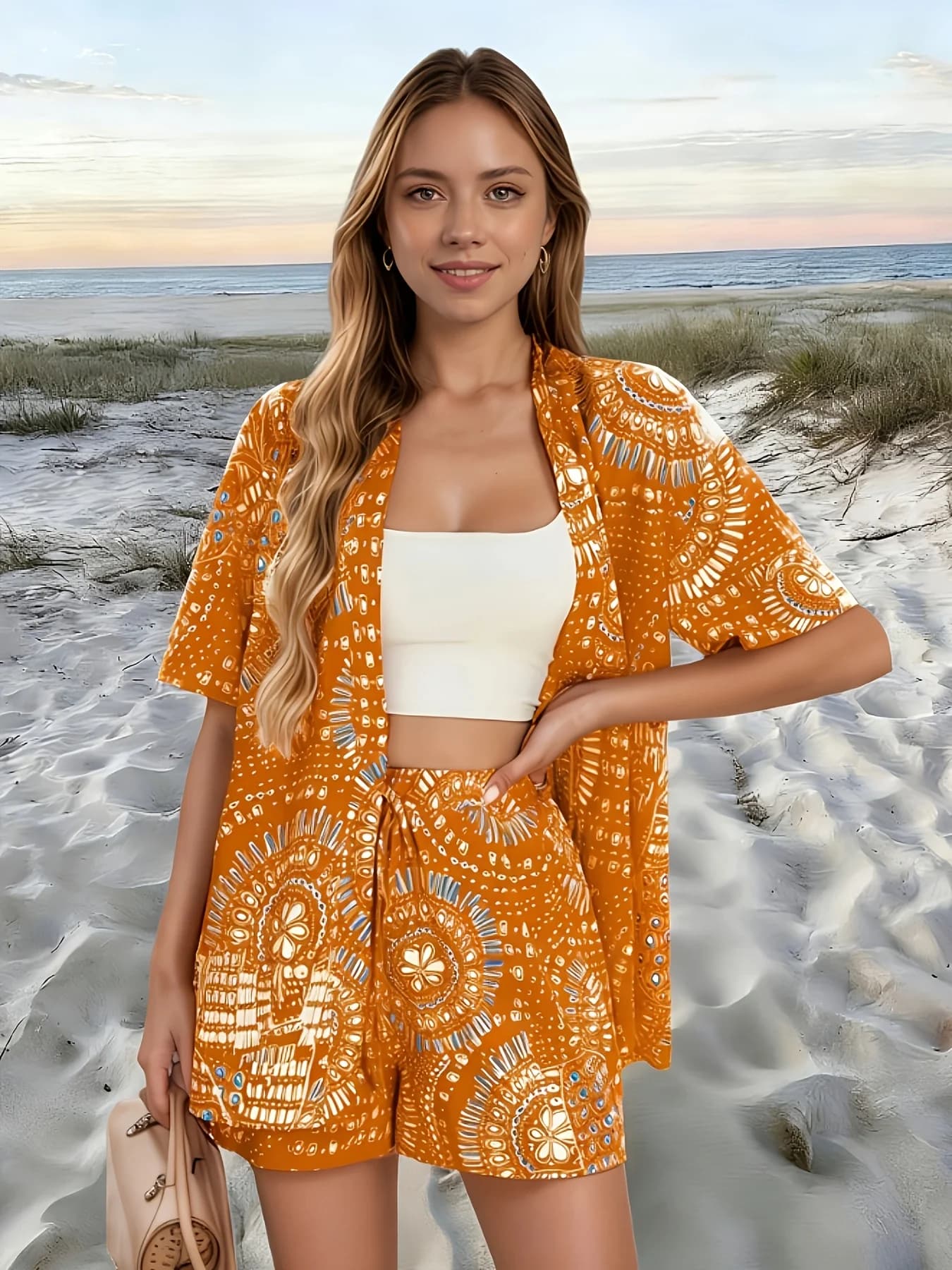 Bohemian Print Set, Beach-Style Cardigan, Short-Sleeved Top, Drawstring Shorts, Two-Piece Set