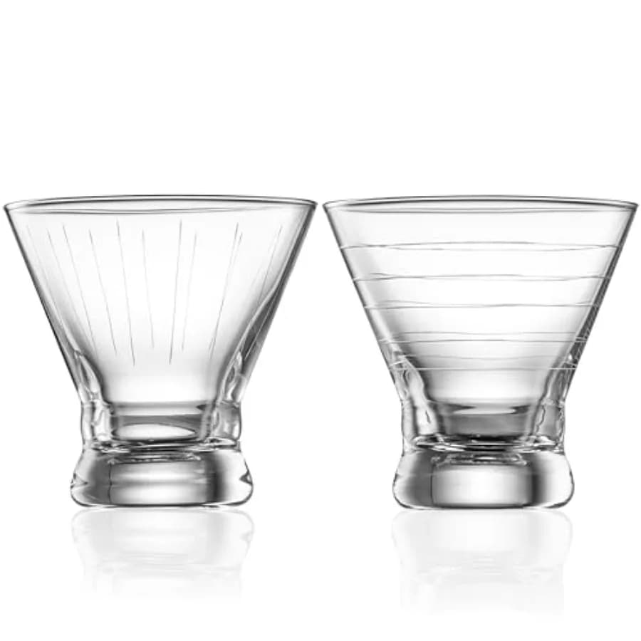 Cocktail Shaker Glass, Martini Maker Set/Kit. Stemless Martini Shaker Glasses S/ 2-8 oz w/Design, Free Crystal Espresso Glass,
