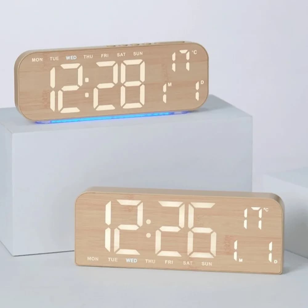 Wood Grain Digital Alarm Clock Multi-functional Date Week LED Alarm Clock Auto-Dimmer Night Light Wall Clock Office Use