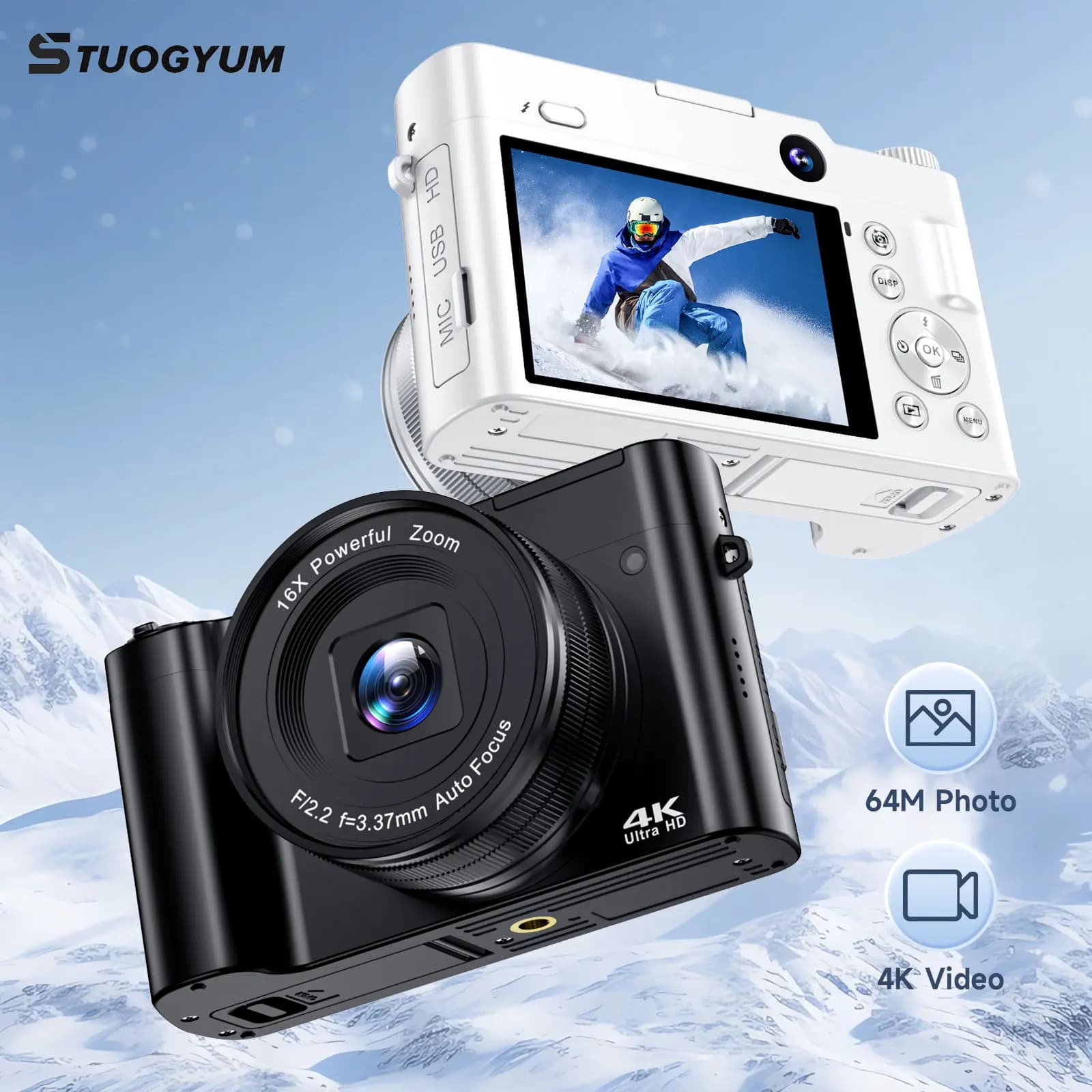 Fotocamera digitale 4K per fotografia e video Messa a fuoco automatica 48MP Vlogging Camera 3'' 180 ° Flip Screen con Flash per regalo di Natale