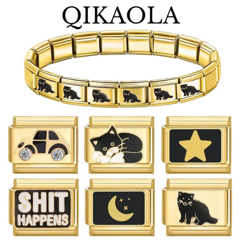 1pc Golden Star Moon Lazy Black Cat Charms Italian Suitable Removable 9mm Stainless Steel Bracelet Creation of DIY Jewelry