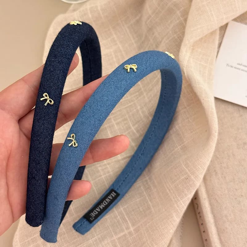 Fasce per capelli vintage in denim blu Fasce imbottite con fiocco dolce Fasce per capelli eleganti e antiscivolo Copricapo per capelli alla moda da donna