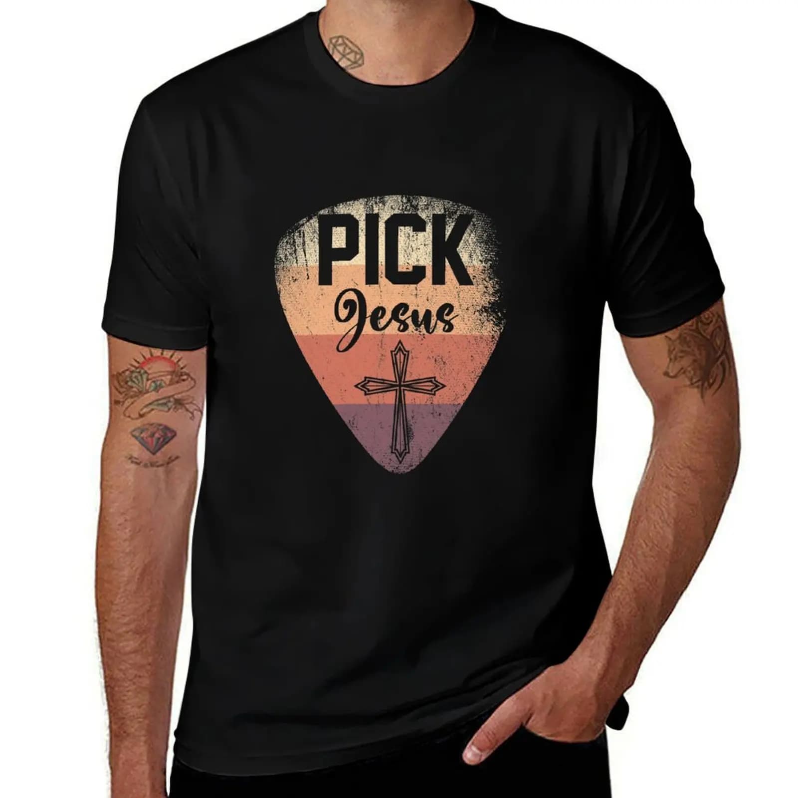 Retro Guitar Pick Jesus T-Shirt Halloween Theme T-Shirt