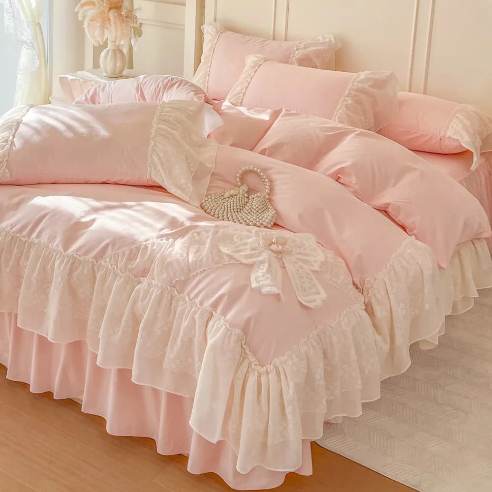 Chiffon Lace Bedding Set Pink France Romantic Princess Wedding Ruffles Bow Soft Duvet Cover Bed Sheet Pillowcases Home Textile