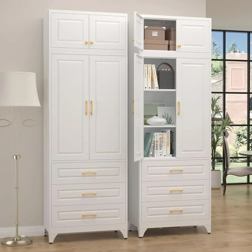 Mobile dispensa da cucina bianco da 90 cm con 3 cassetti, contenitore in metallo, ripiani regolabili, 2 maniglie dorate per l'organizzazione domestica