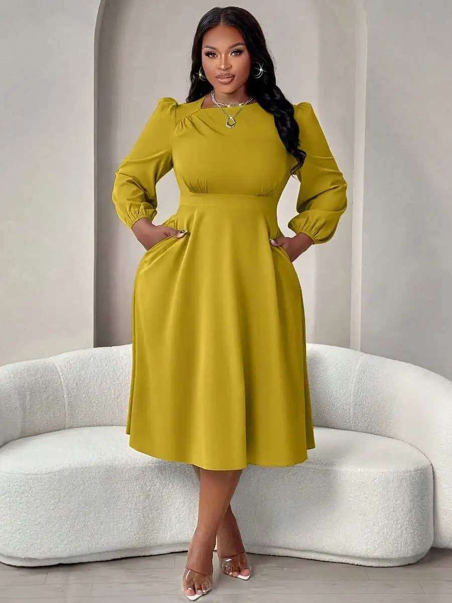 Elegante Abito a Maniche Lunghe con Gonna Svasata per Donne, Tinta Unita, Outfit Formale e Casual