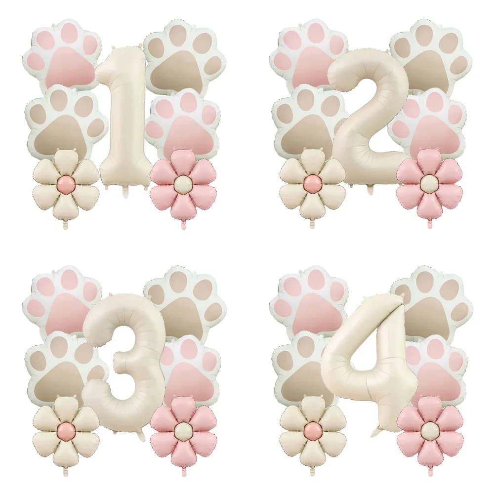 Set di 7 Palloncini in Pellicola di Alluminio da 18 Pollici, Rosa e Crema, a Forma di Zampa di Cane e Numero, per Decorazioni di Compleanno, Matrimonio e Baby Shower