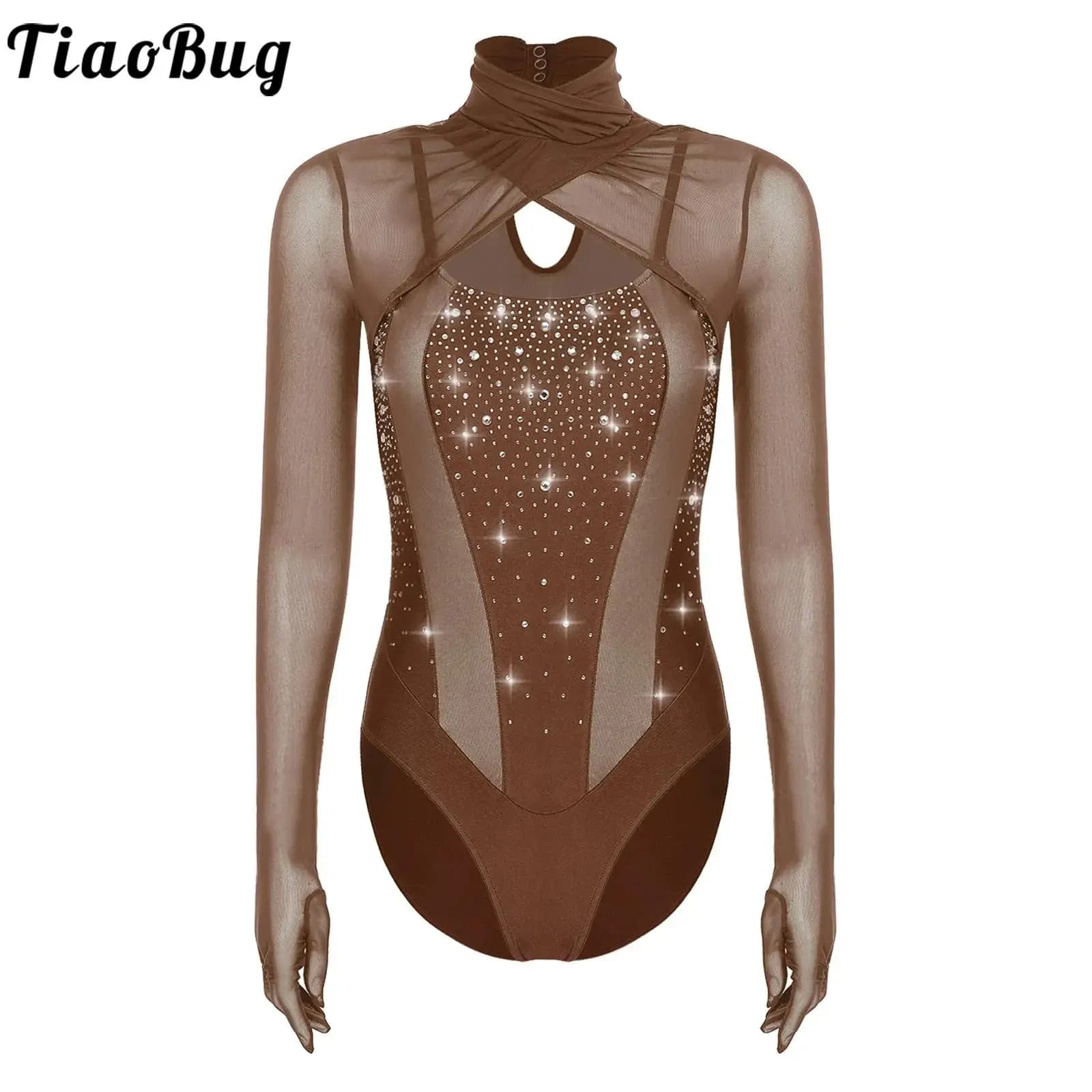 Body da ballo per donna, pattinaggio di figura, ginnastica ritmica, per competizioni di performance, maniche lunghe, strass