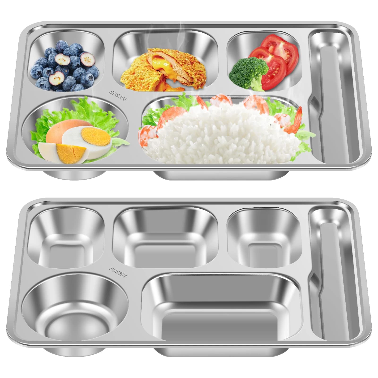 2 Pcs Stainless Steel Snack Container 5 Compartments Snack Box Divided Snack Box Container Reusable Meal Prep Container