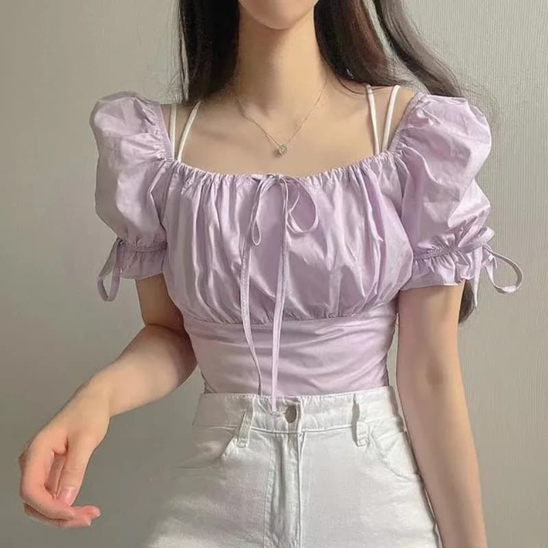 Camicia Estiva Chic a Maniche Corte a Bolle da Donna, Top Corto alla Moda con Colletto Quadrato e Vita Alta con Laccetti, Stile Trendy per il Pendolarismo
