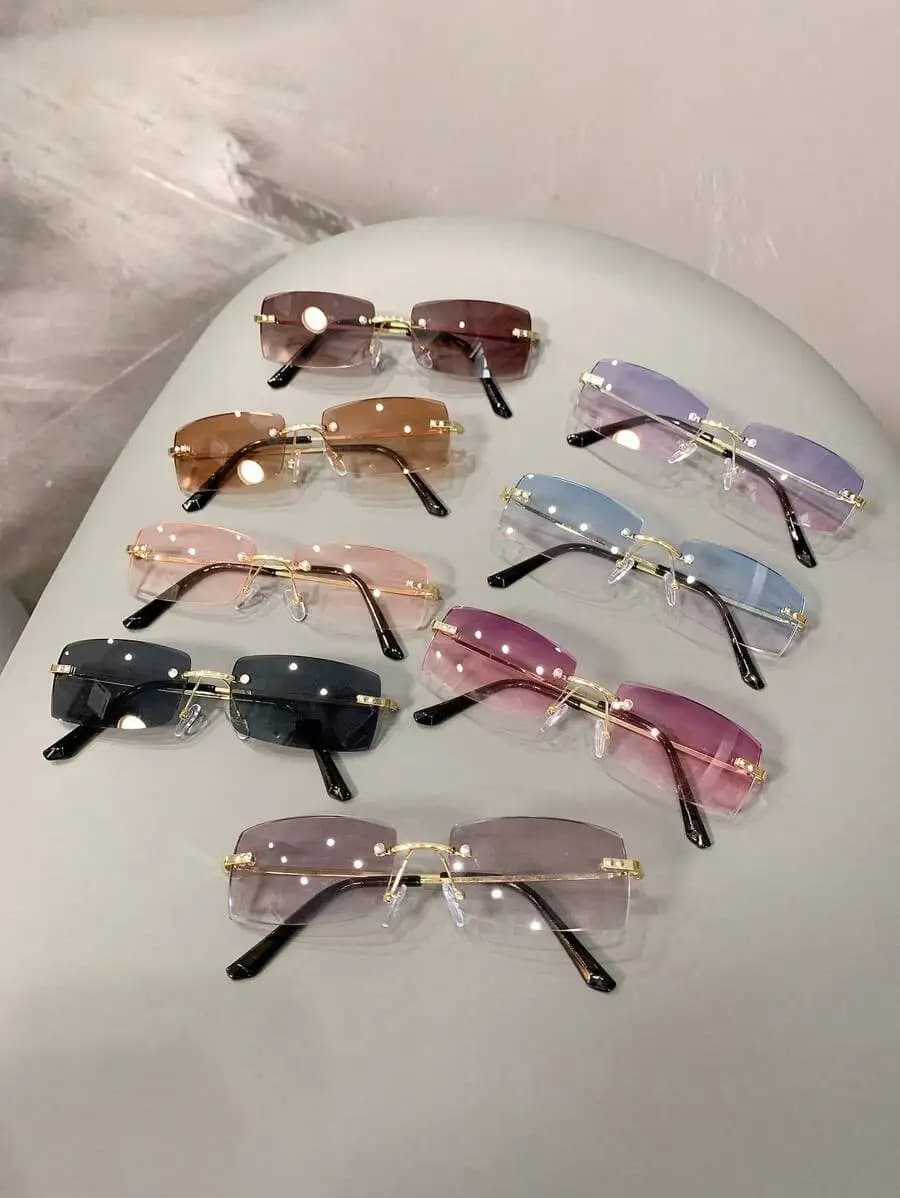 Occhiali da sole rettangolari senza montatura con bordi decorati per donna, ideali per occasioni casual, feste all'aperto, regali aziendali.