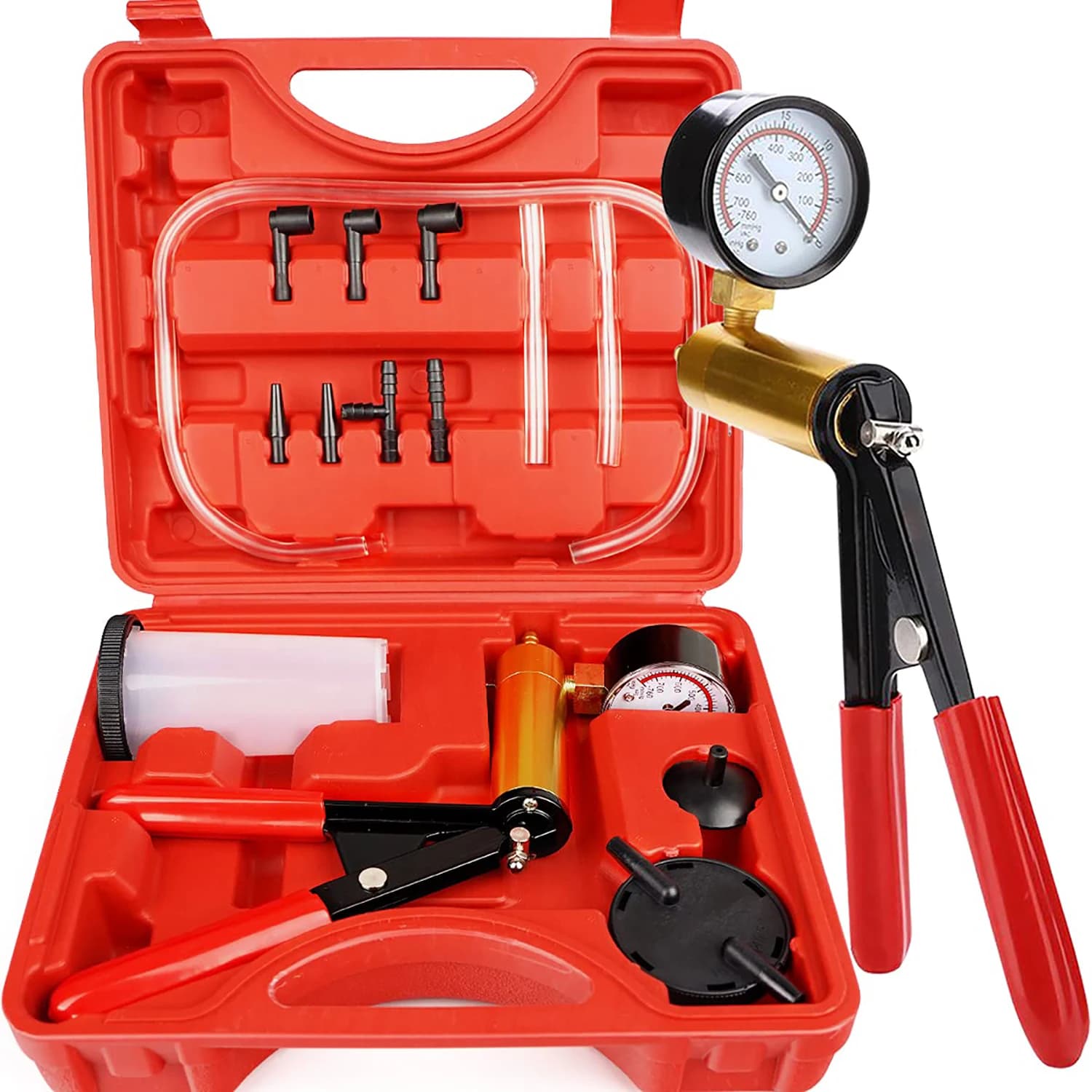 Kit di spurgo freni 2 in 1 Set di test per pompa a vuoto portatile per autoveicoli con custodia protetta, sistema di spurgo frizione freno One-Man