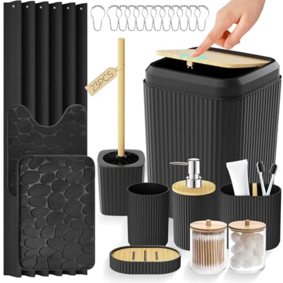Set di Accessori per il Bagno - Set Bagno Nero con Tenda Doccia e Tappeti, Cestino, Spazzola WC con Supporto, Dispenser Sapone