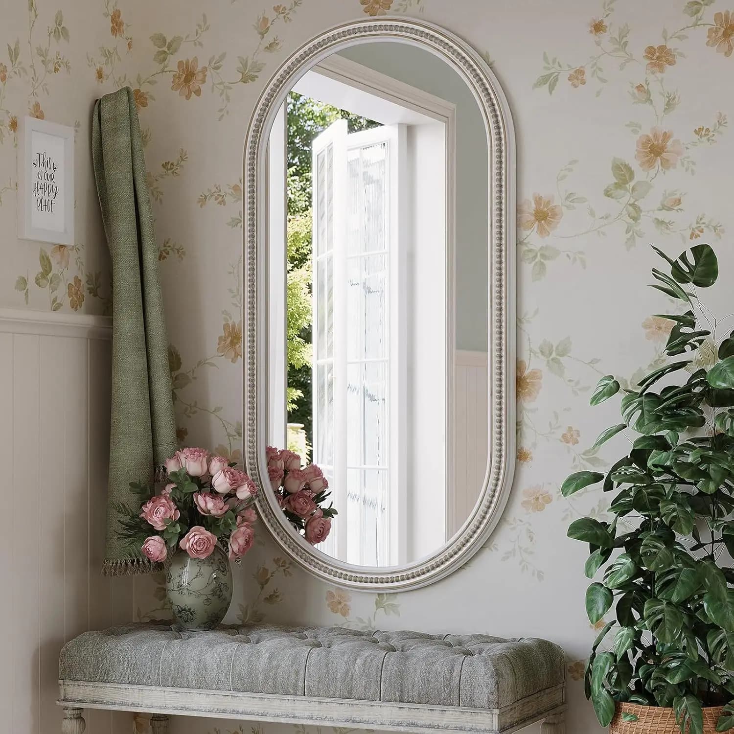 Specchio da parete ovale in stile rustico con perline, 24" x 48", grande specchio da parete in legno per bagno, camera da letto