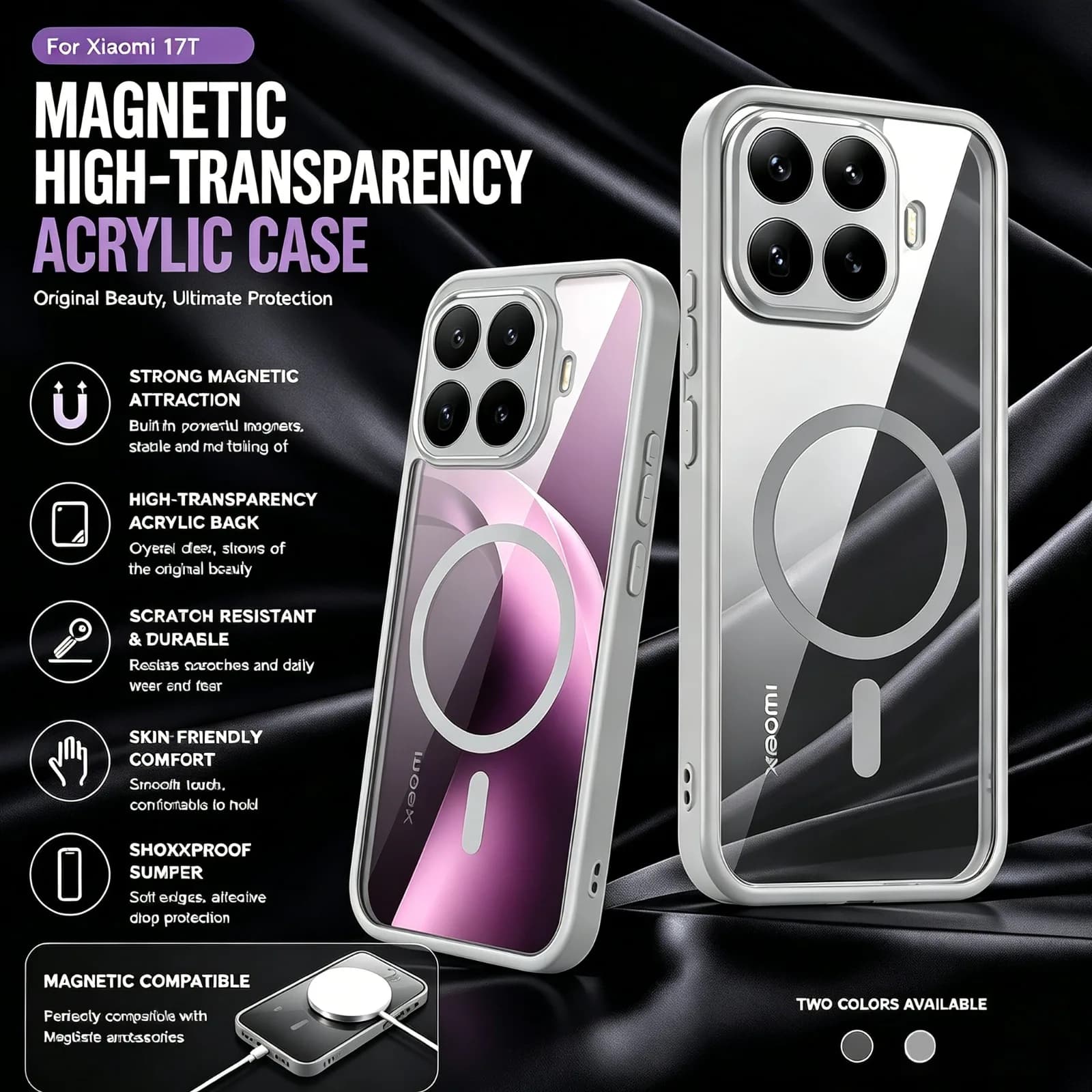 High-transparency Acrylic Skin-feel Scratch-resistant Cover for Xiaomi 17T 15T Pro Magentic Wireless Charging Lens Protect Cover
