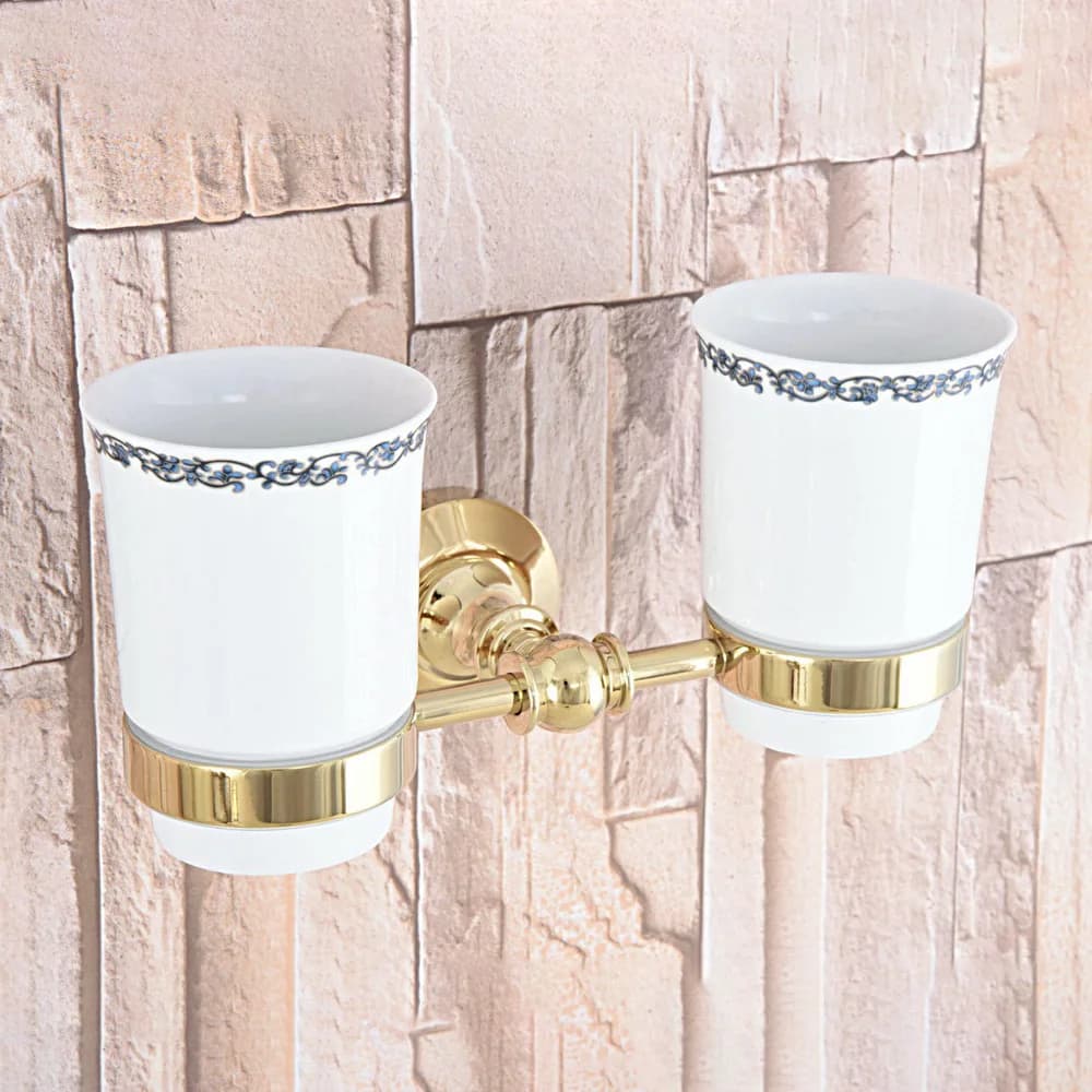 Porta spazzolino da bagno di lusso dorato lucido Base in ottone massiccio Doppi tazze in ceramica montate a parete Nba316