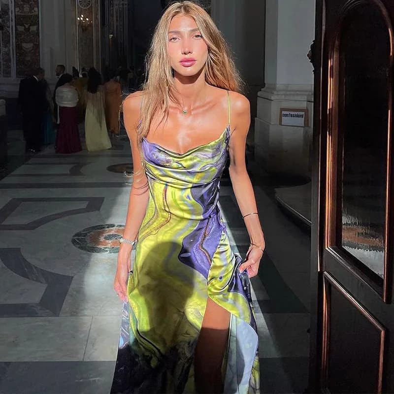 Fashionable Printed Long Slimming Split Backless Summer New Arrival Women's Dress Stylish Strapless High Waist A-Line Gown