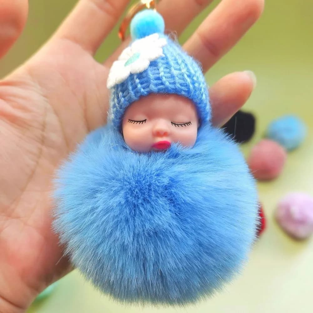 Nice pompon sleeping baby keychain soft fur ball plush doll keychain gift bag woman pendant girl