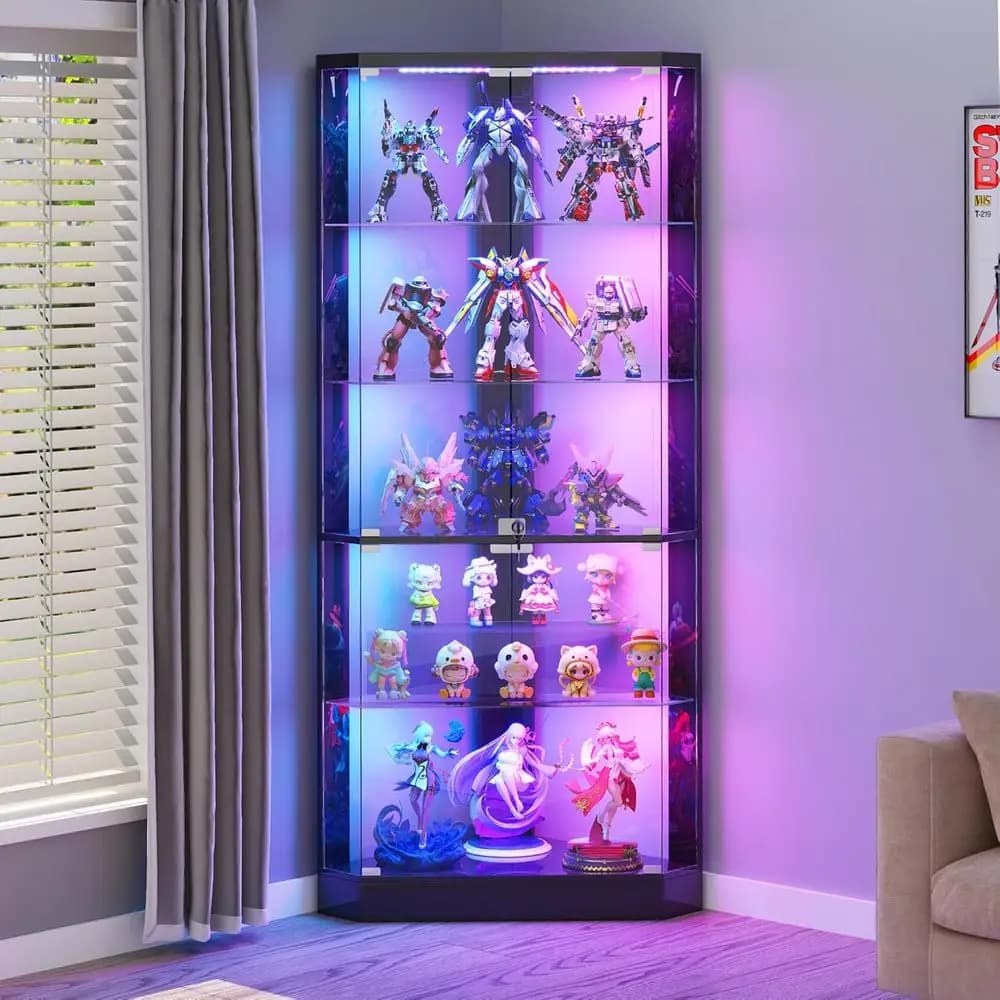 Vetrina Espositiva Nera a 5 Ripiani in Vetro con Luci RGB e Sensore di Movimento per Oggetti da Collezione da Soggiorno