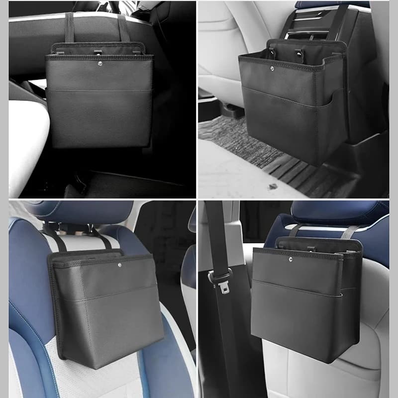 Trash Bin for Leather Car Seat Automatic Front Passenger Seat Hanging Waste Storage Organizer Rear Seats Telephone Handkerchief Pockets Accessories