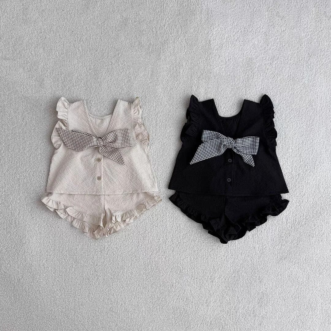 TZ2645 Korean Style Butterfly Knot Vest Shorts Set Summer Outfit for Girls Exposed Back Elegant Two-Piece Children's Clothing