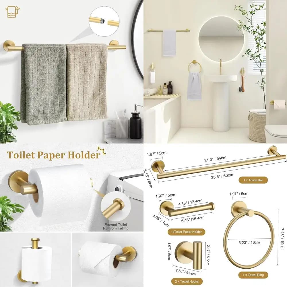 Set di accessori per il bagno in oro spazzolato da 5 pezzi, portasciugamani in acciaio inossidabile 24, kit di accessori rotondi a parete
