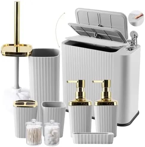 Set Bagno Moderno 9 Pezzi Grigio Chiaro con Cestino Sottile e Coperchio a Pressione - Accessori Bagno Completi
