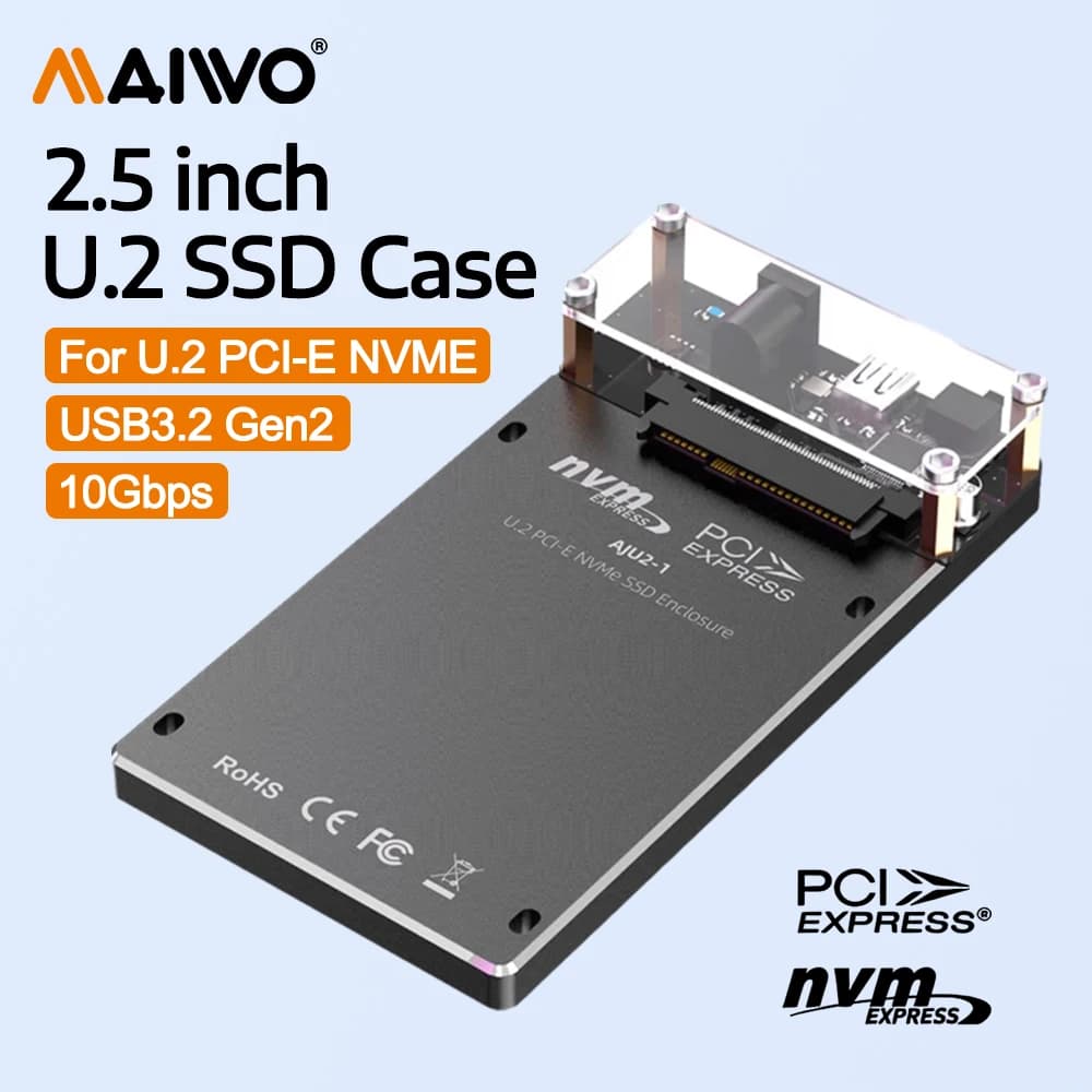 MAIWO Box Esterno per SSD NVMe U.2 da 2.5 Pollici, Adattatore USB-C a U.2 10Gbps USB 3.2 Gen2, Case Esterno per SSD NVMe U.2 PCI-E da 2.5'' Senza Attrezzi
