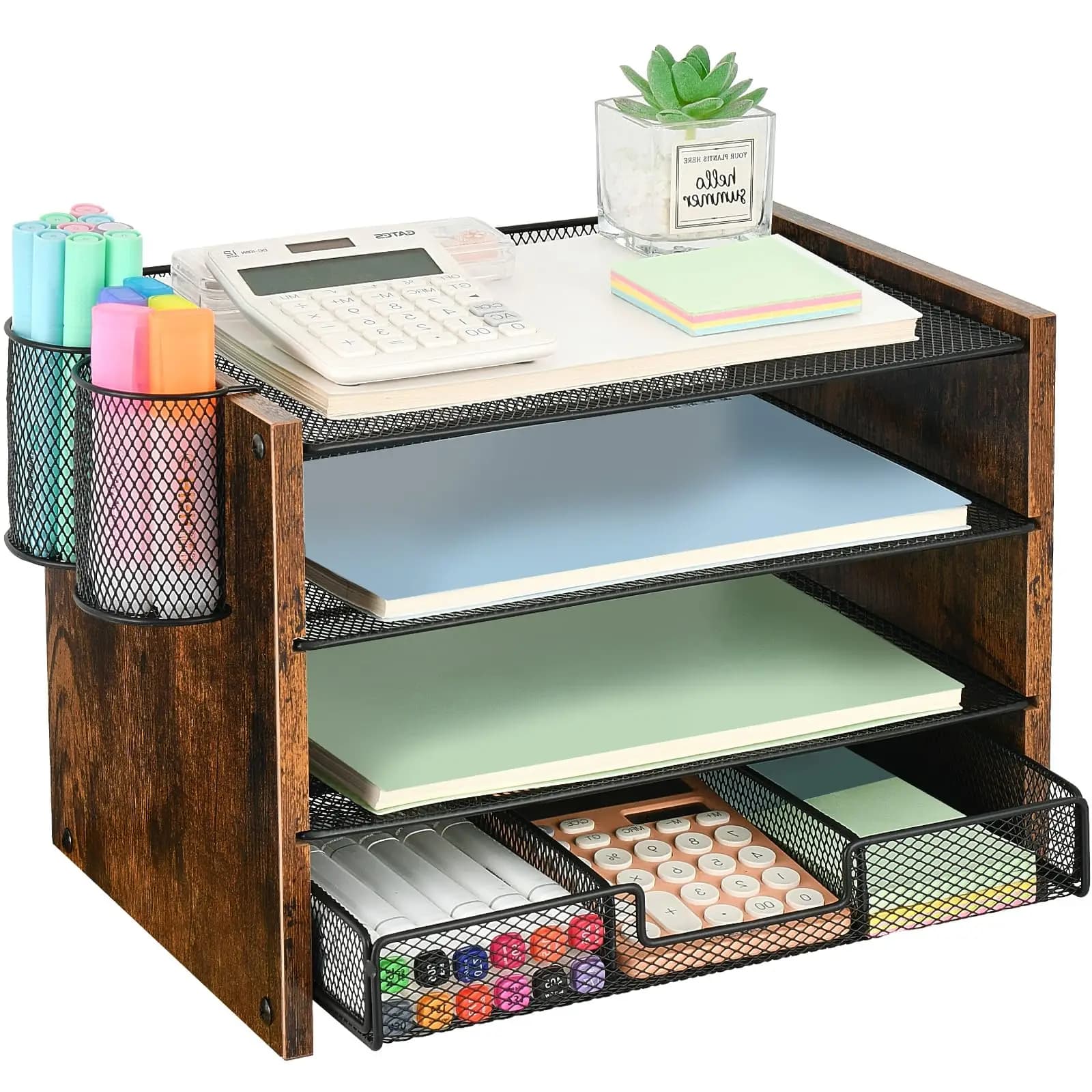 Organizzatore per Documenti a 4 Livelli con Cassetto e 2 Portapenne per Forniture da Ufficio